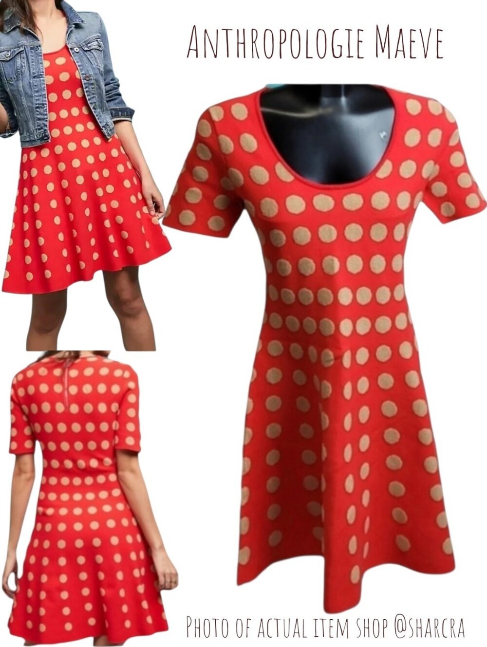 Anthropologie Maeve Women’s XSP Red Gold Tonal Polka Dot Knit A-Line Mini Dress